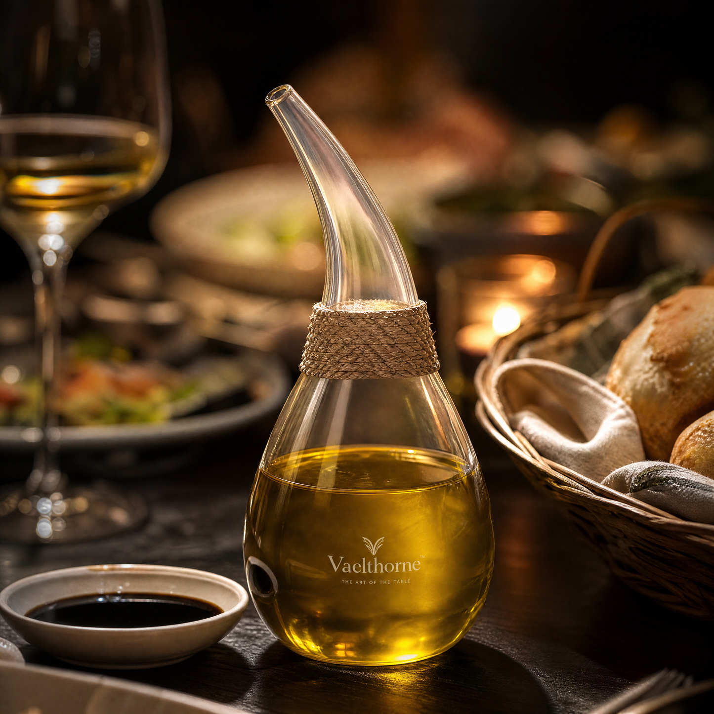 Vaelthorne™ Hand-Blown Glass Oil Cruet with Linen-Wrapped Neck
