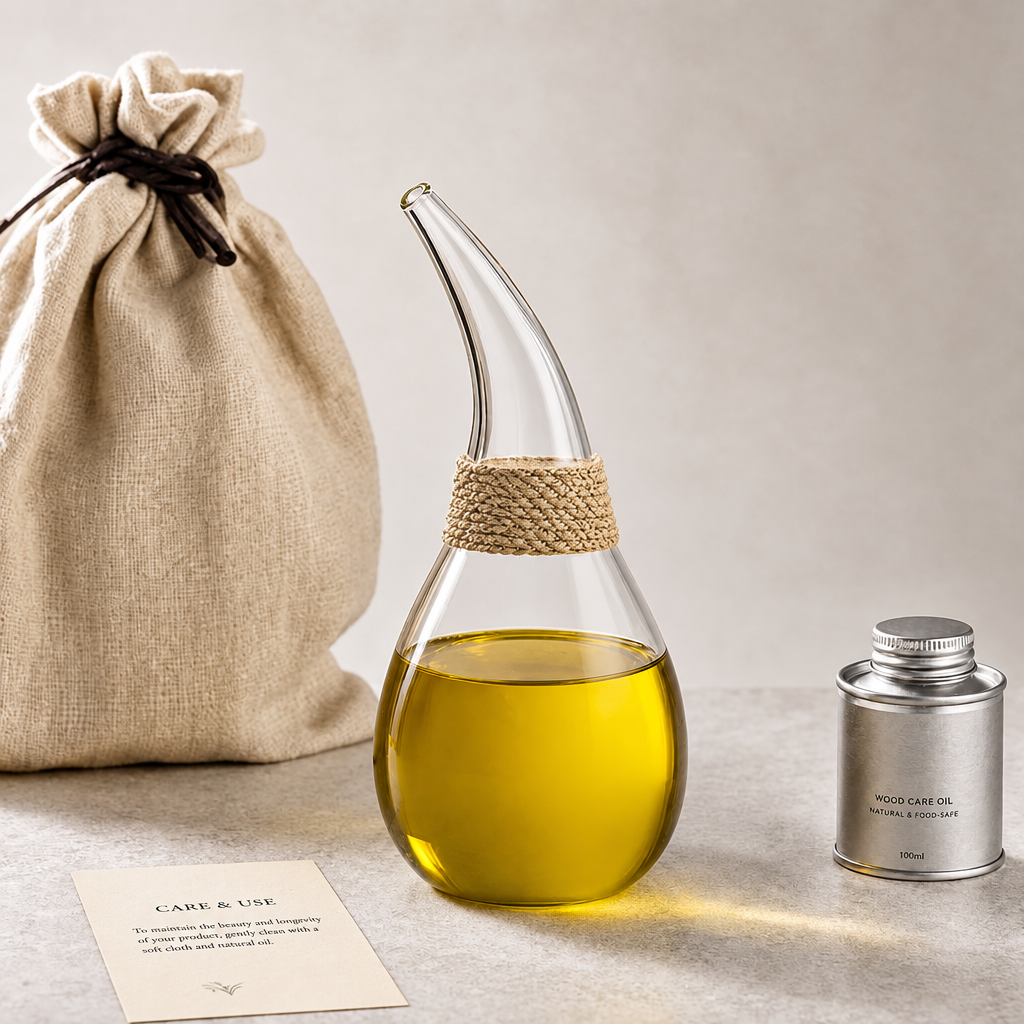 Cresagezen Hand-Blown Glass Oil Cruet with Linen-Wrapped Neck