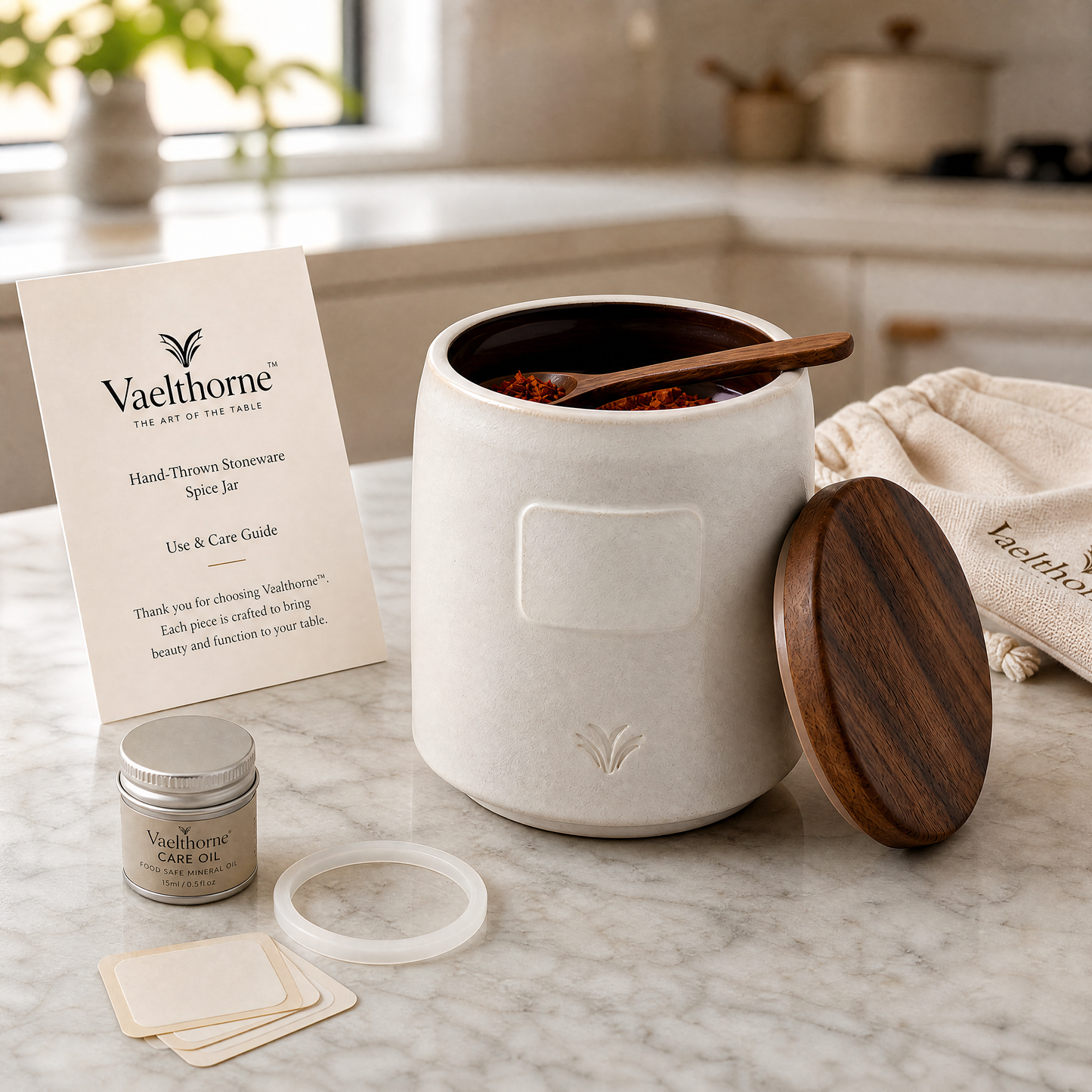 Vaelthorne™ Hand-Thrown Stoneware Spice Jar with Wooden Lid &amp; Separate Wooden Spoon