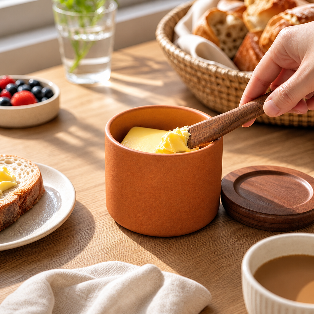 Cresagezen Hand-Thrown Stoneware Butter Crock with Wooden Lid