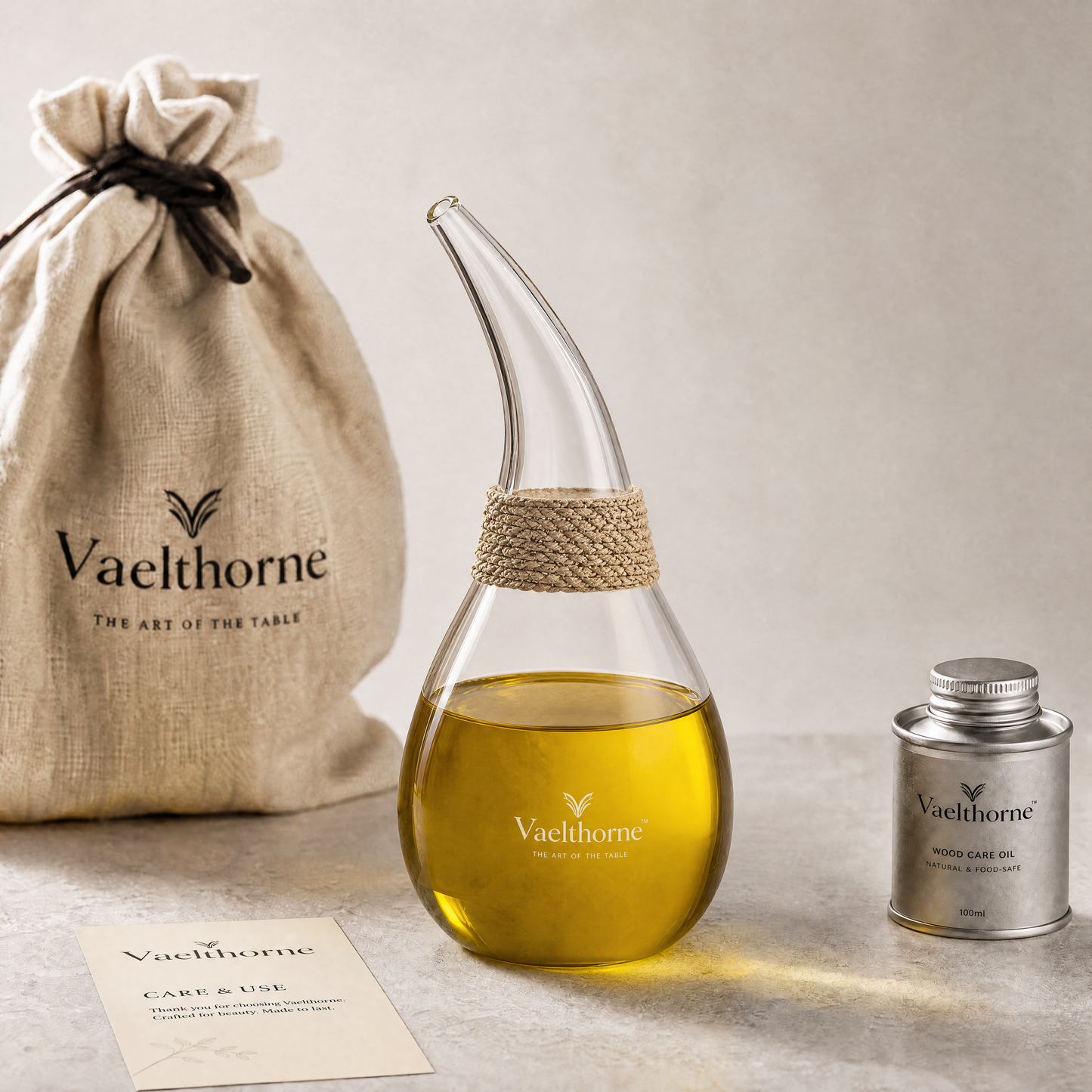Vaelthorne™ Hand-Blown Glass Oil Cruet with Linen-Wrapped Neck