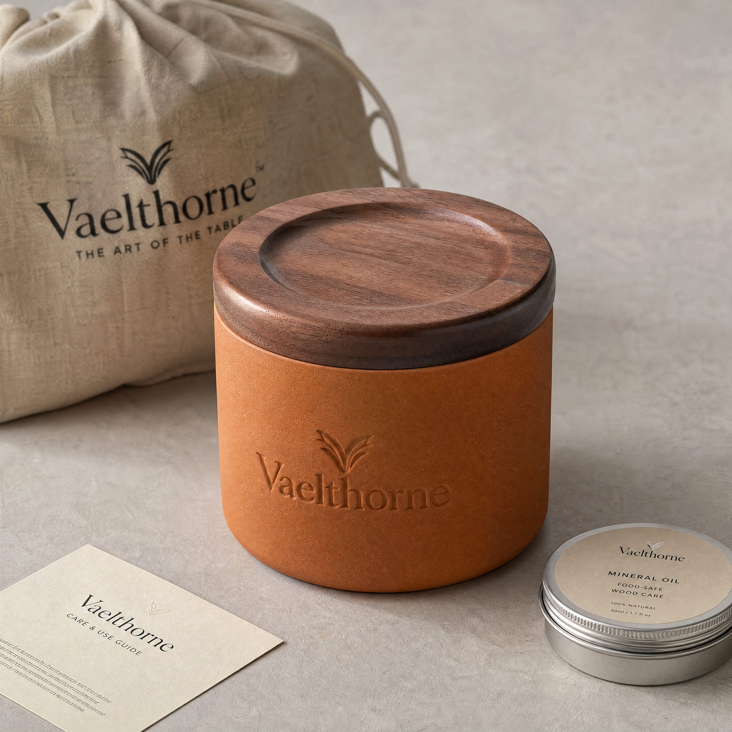 Vaelthorne™ Hand-Thrown Stoneware Butter Crock with Wooden Lid