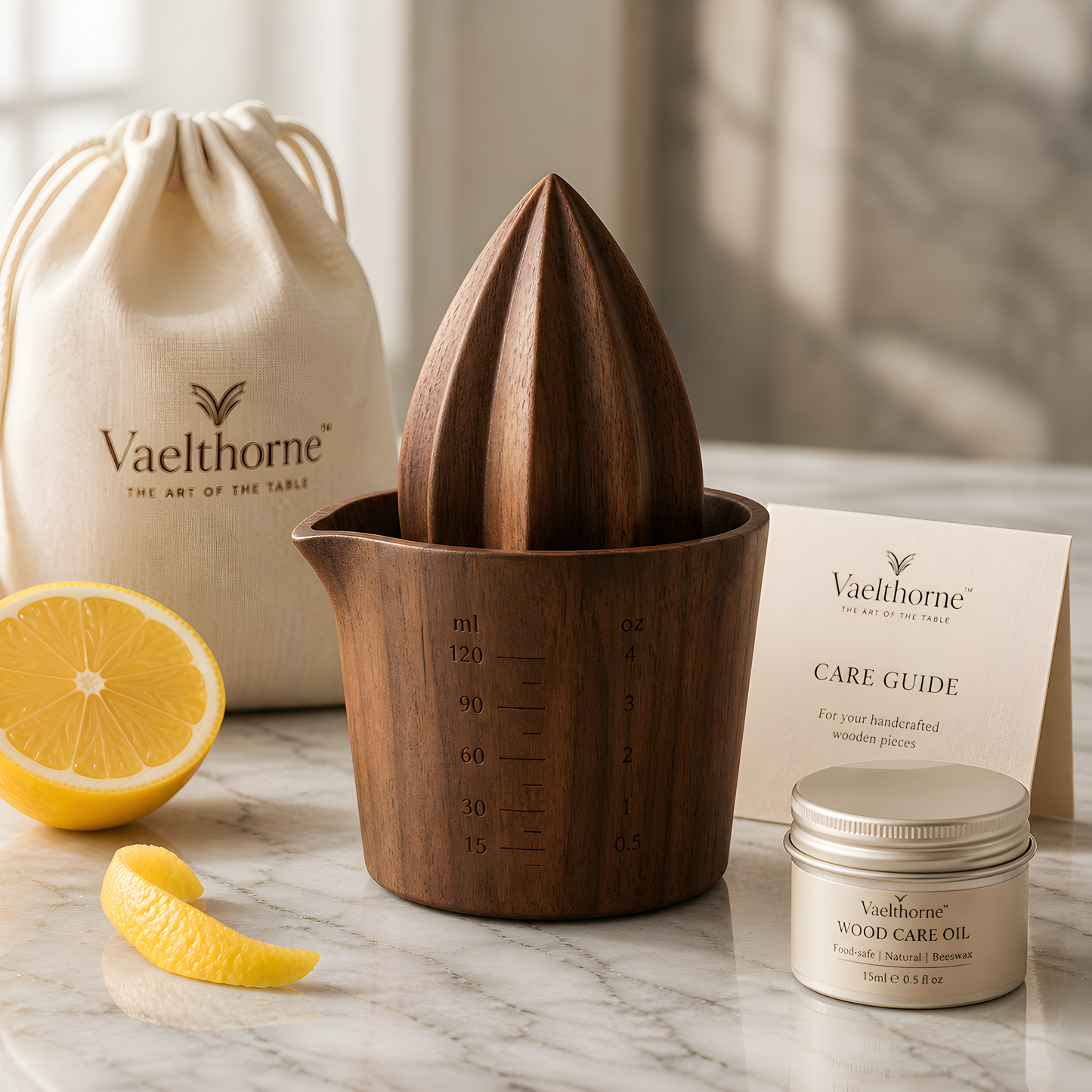 Vaelthorne™ Artisan Wood Citrus Reamer with Measuring Cup Base