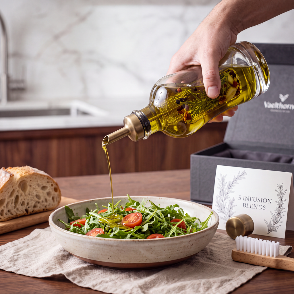 Vaelthorne™ Hand-Blown Crystal "Botanical Infusion" Olive Oil Cruet with Removable Herb Chamber
