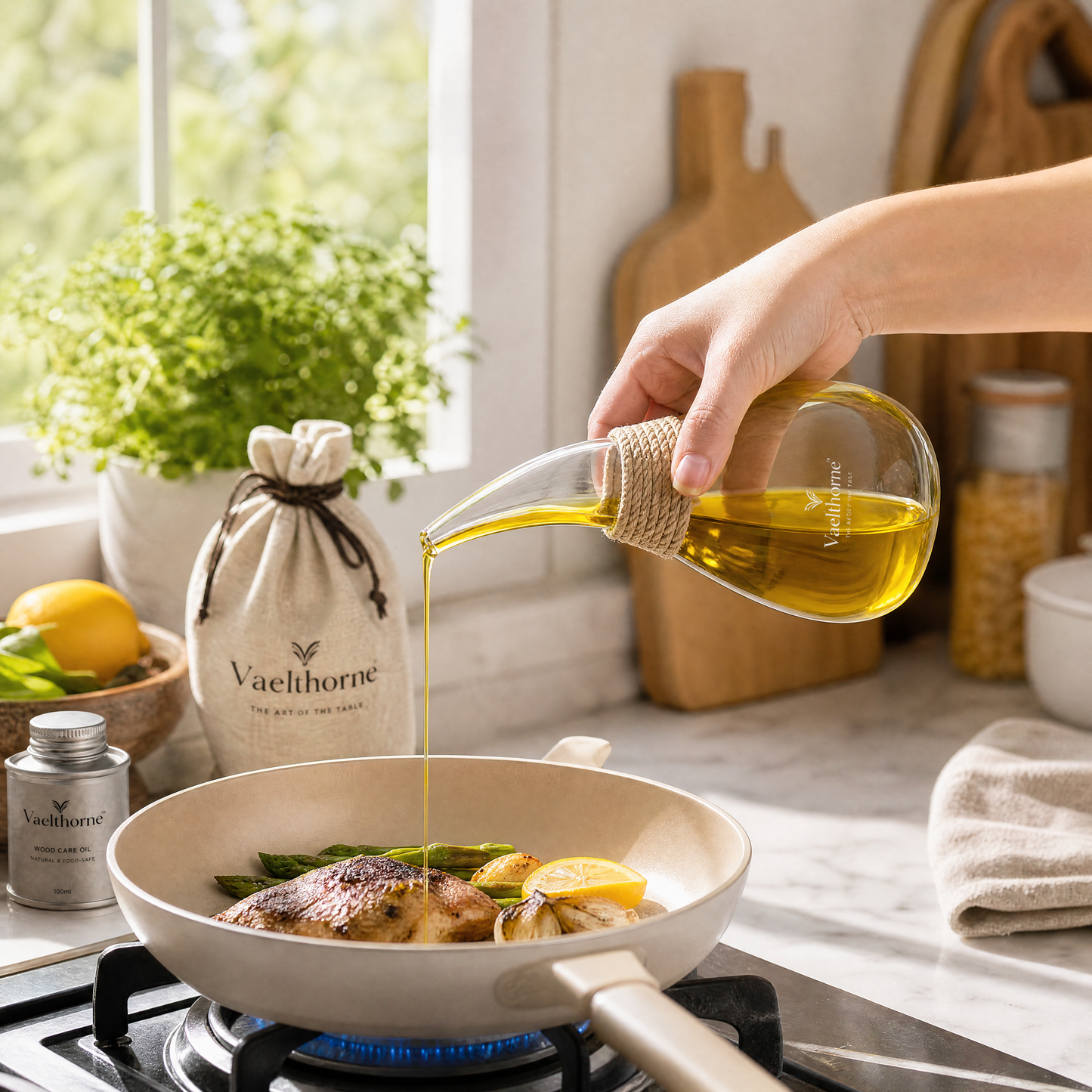 Vaelthorne™ Hand-Blown Glass Oil Cruet with Linen-Wrapped Neck