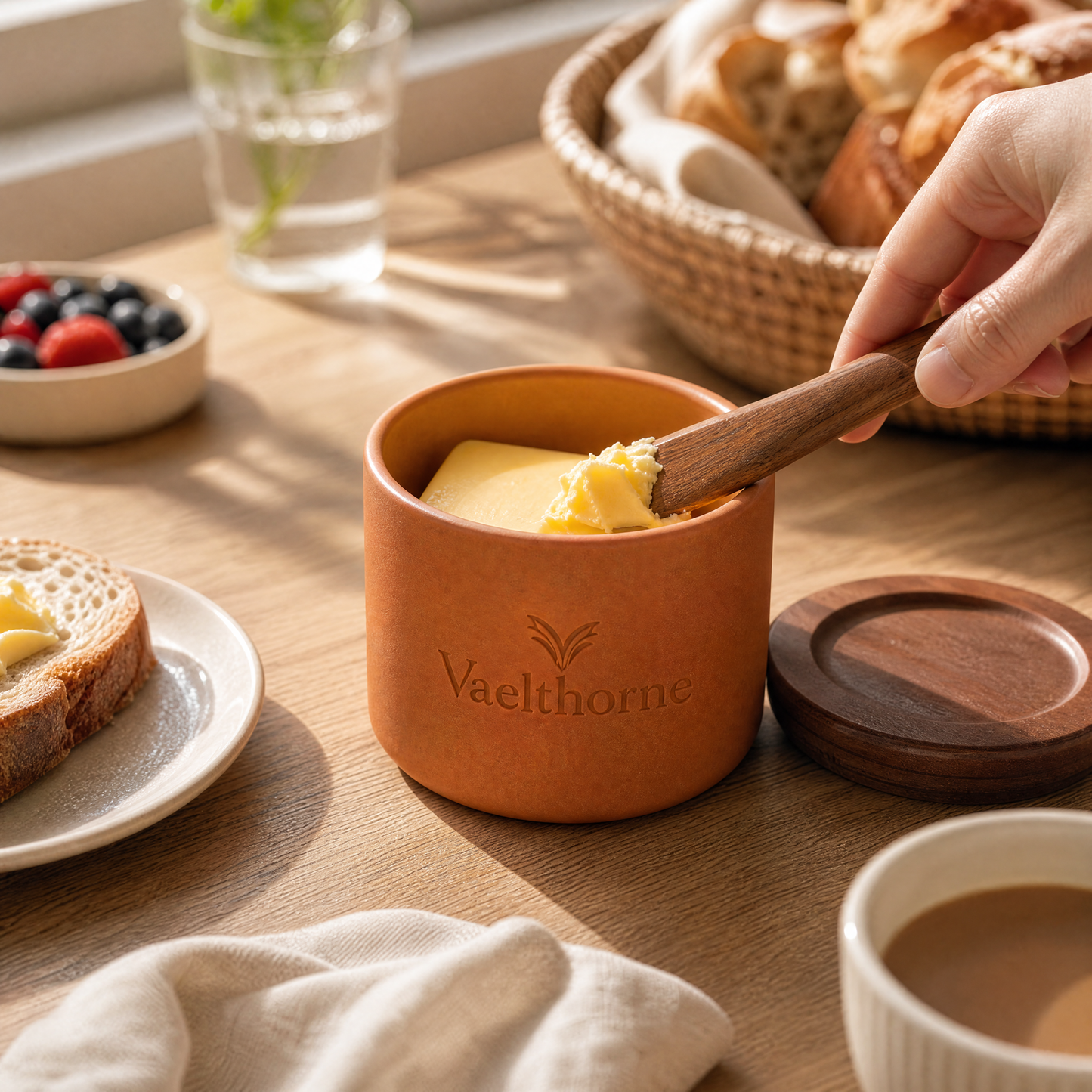 Vaelthorne™ Hand-Thrown Stoneware Butter Crock with Wooden Lid