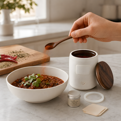 Vaelthorne™ Hand-Thrown Stoneware Spice Jar with Wooden Lid &amp; Separate Wooden Spoon