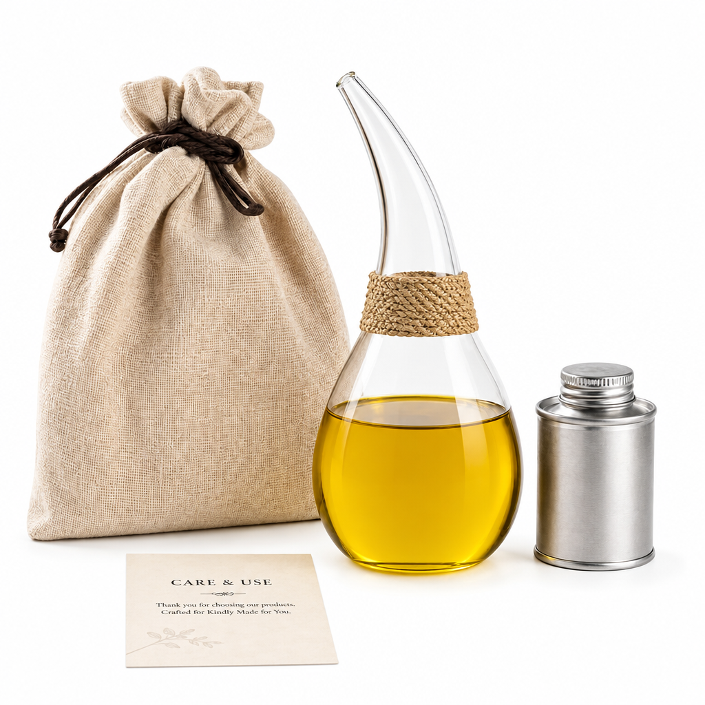 Cresagezen Hand-Blown Glass Oil Cruet with Linen-Wrapped Neck