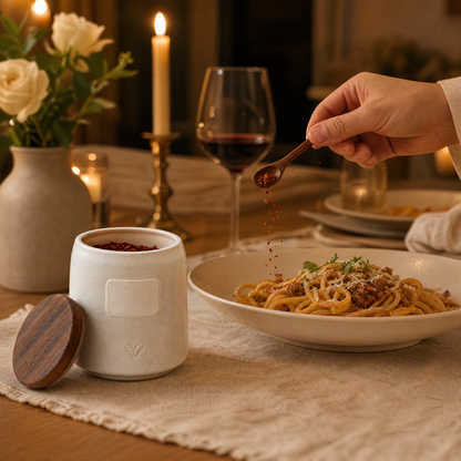 Vaelthorne™ Hand-Thrown Stoneware Spice Jar with Wooden Lid &amp; Separate Wooden Spoon