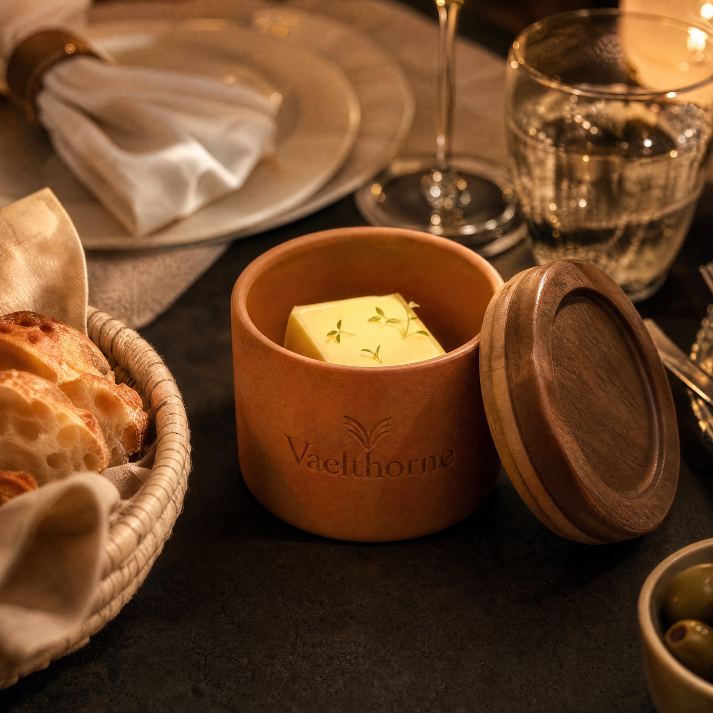 Vaelthorne™ Hand-Thrown Stoneware Butter Crock with Wooden Lid