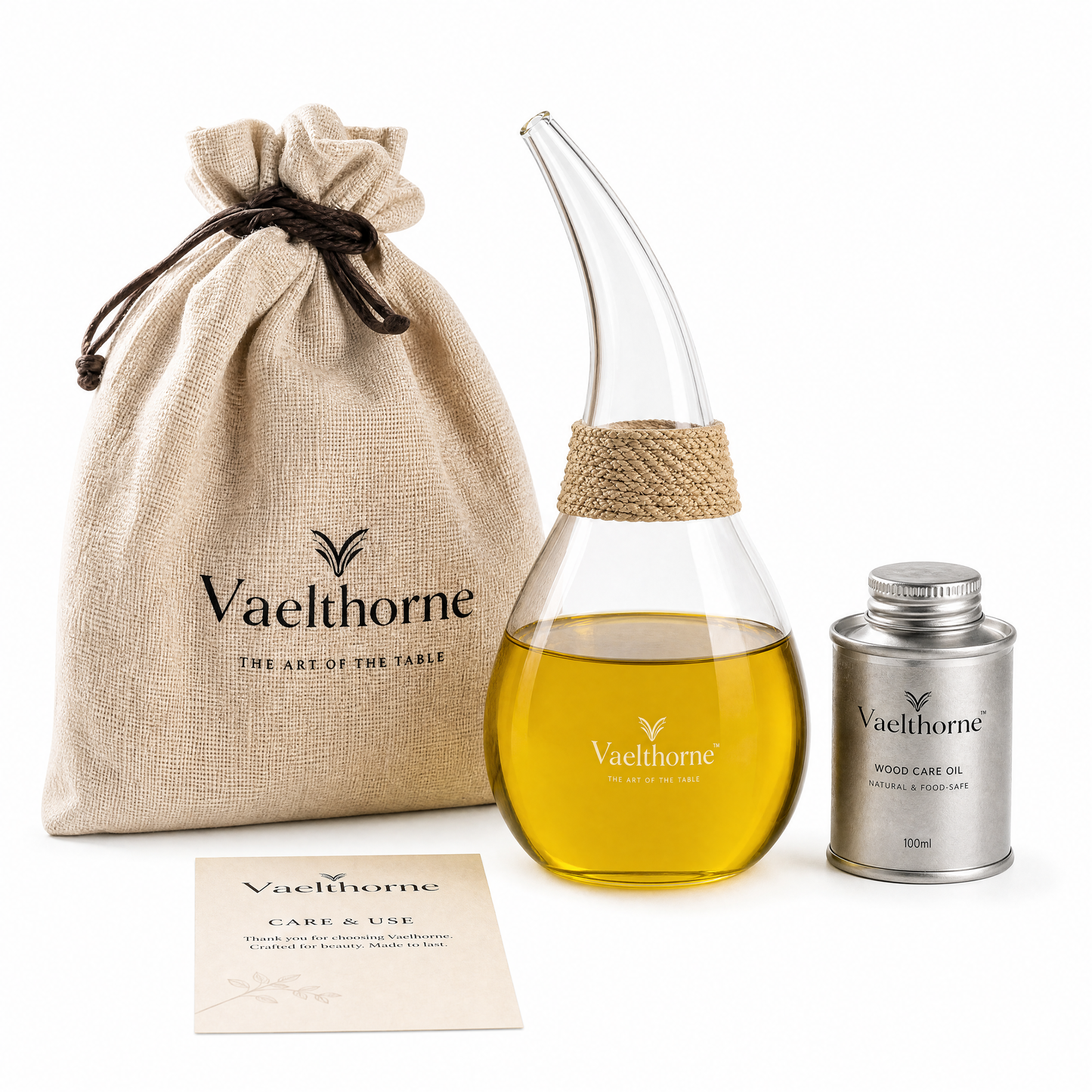 Vaelthorne™ Hand-Blown Glass Oil Cruet with Linen-Wrapped Neck