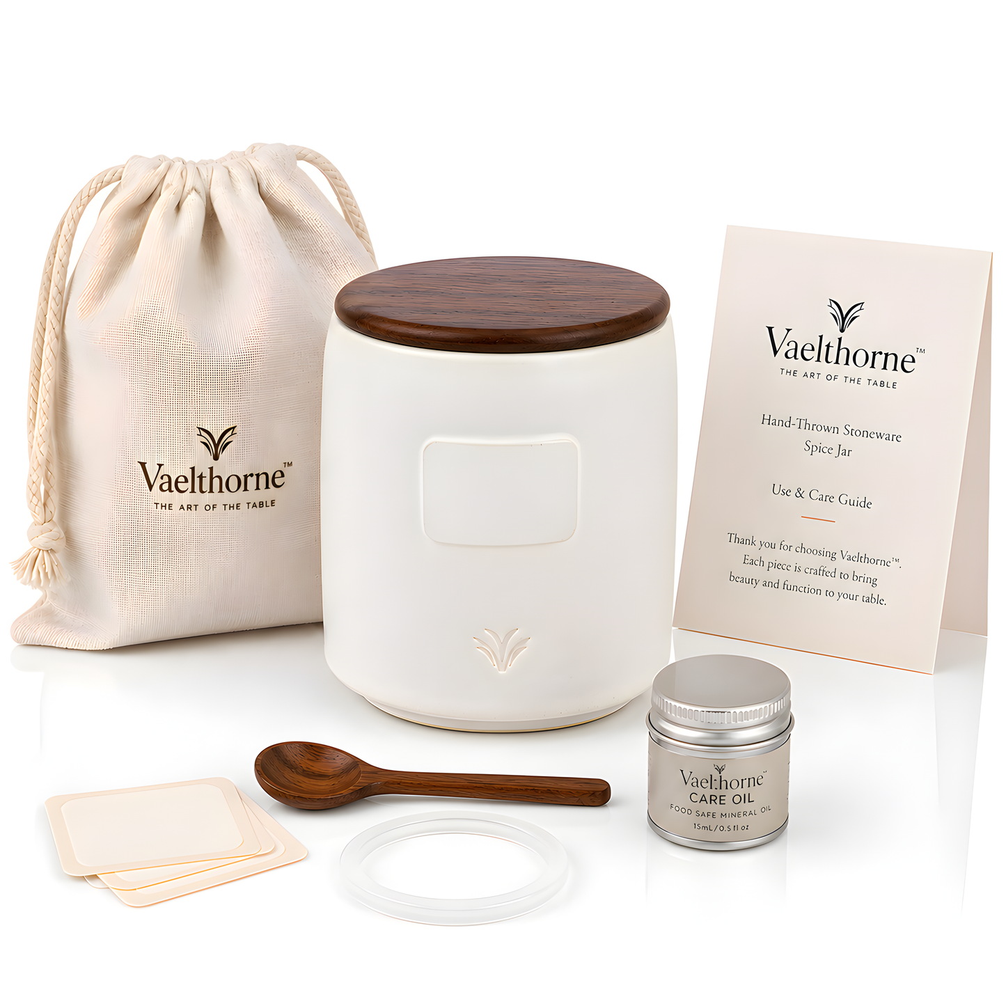 Vaelthorne™ Hand-Thrown Stoneware Spice Jar with Wooden Lid &amp; Separate Wooden Spoon