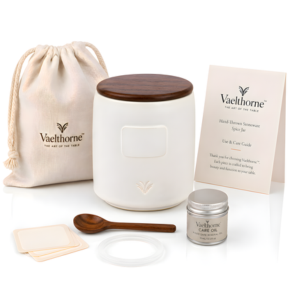 Vaelthorne™ Hand-Thrown Stoneware Spice Jar with Wooden Lid &amp; Separate Wooden Spoon