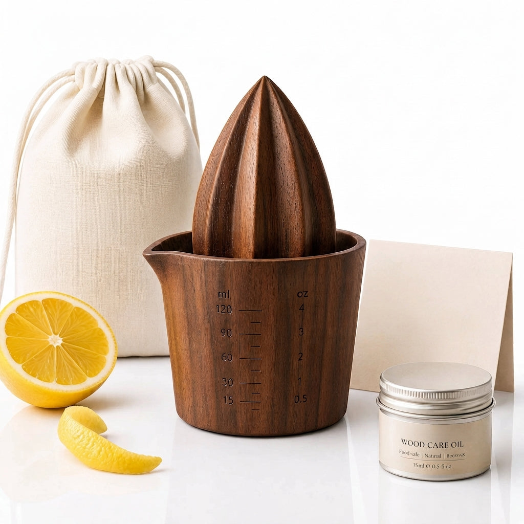 Cresagezen Artisan Wood Citrus Reamer with Measuring Cup Base